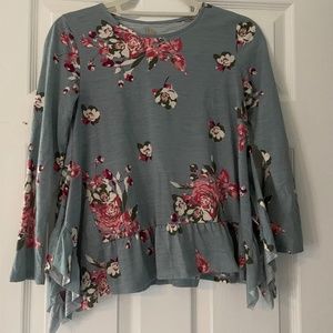 Tru Craft blue and pink floral ruffle blouse